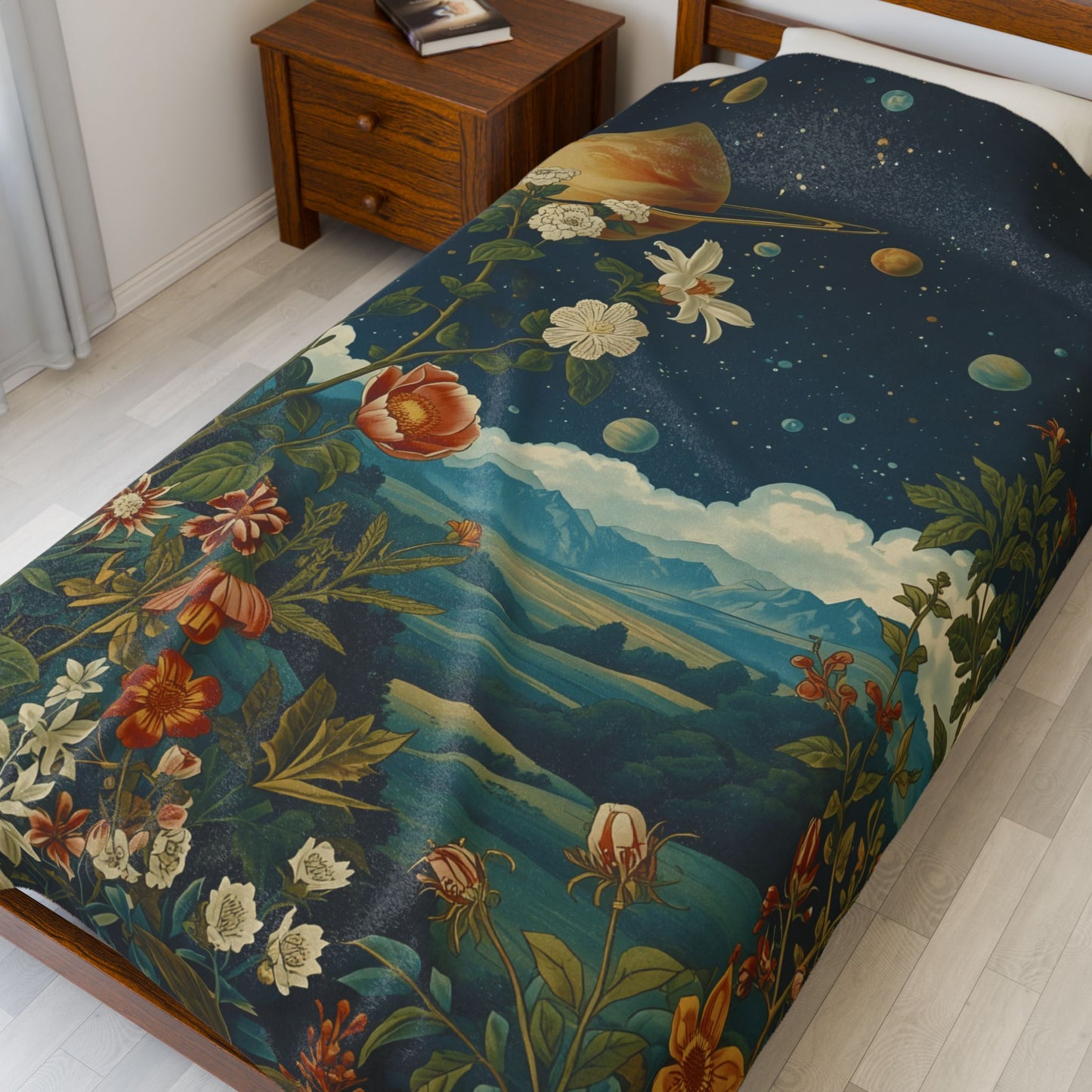Celestial Garden Plush Blanket – Vintage Floral Space Throw