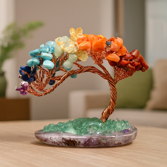 Decorative crystal tree with Chakra gemstones and an agate base as a home decor figurine perfect for gifts.