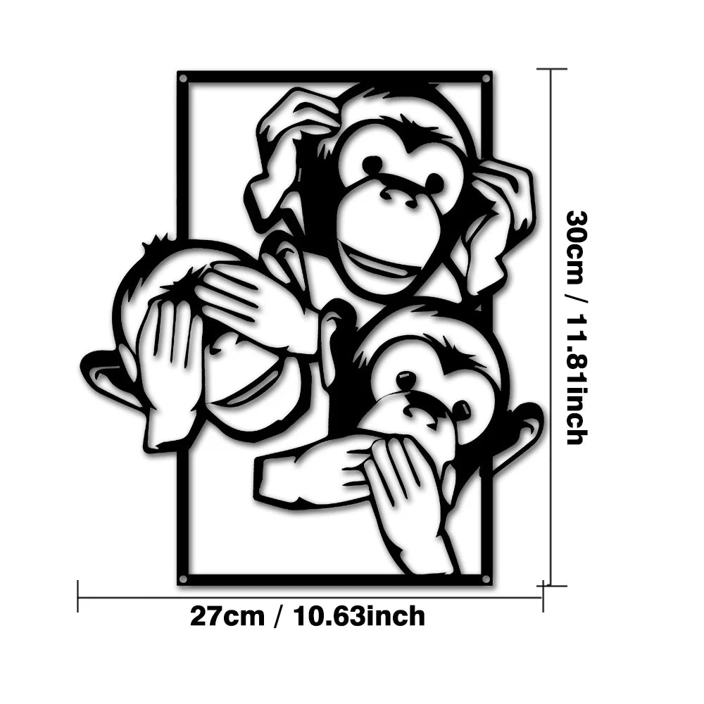 Three monkey wall art with dimensions on a white background