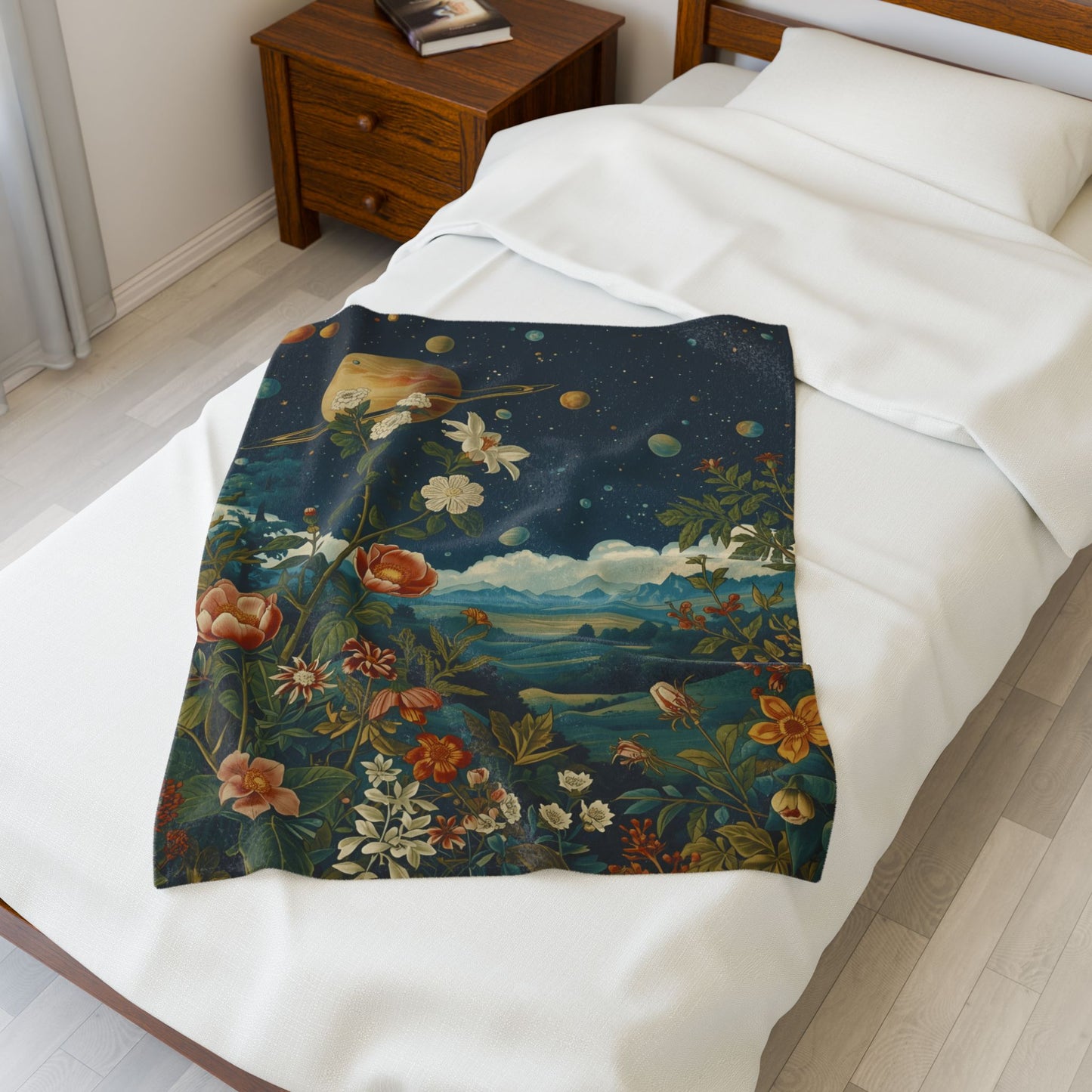 Celestial Garden Plush Blanket – Vintage Floral Space Throw