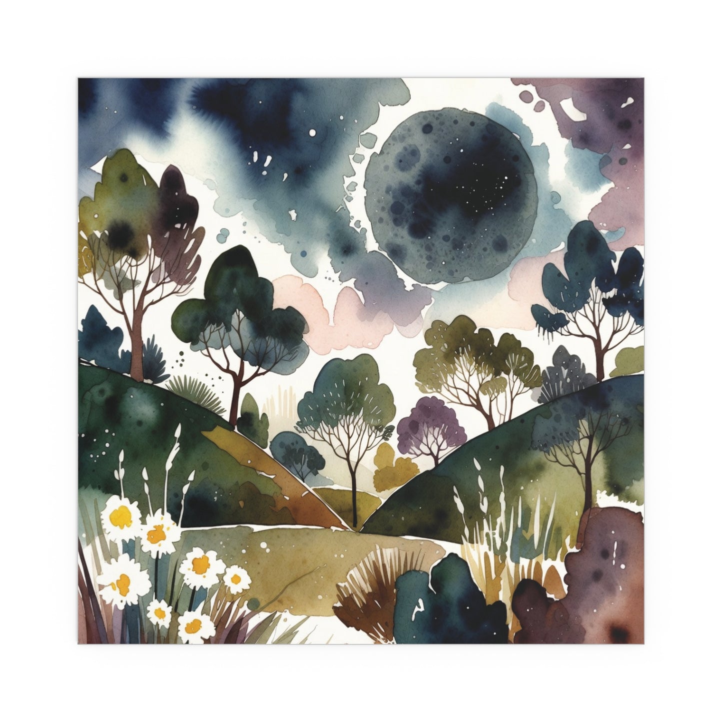 Dreamy Moonlit Hills Watercolour Print