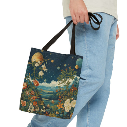 Man carrying a canvas tote bag printed with a surreal landscape design of nature and planets in space