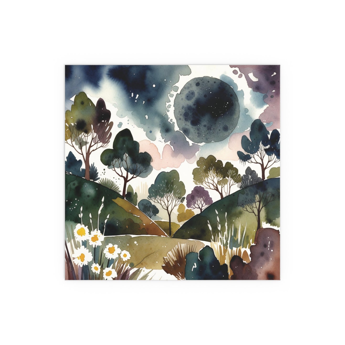 Dreamy Moonlit Hills Watercolour Print