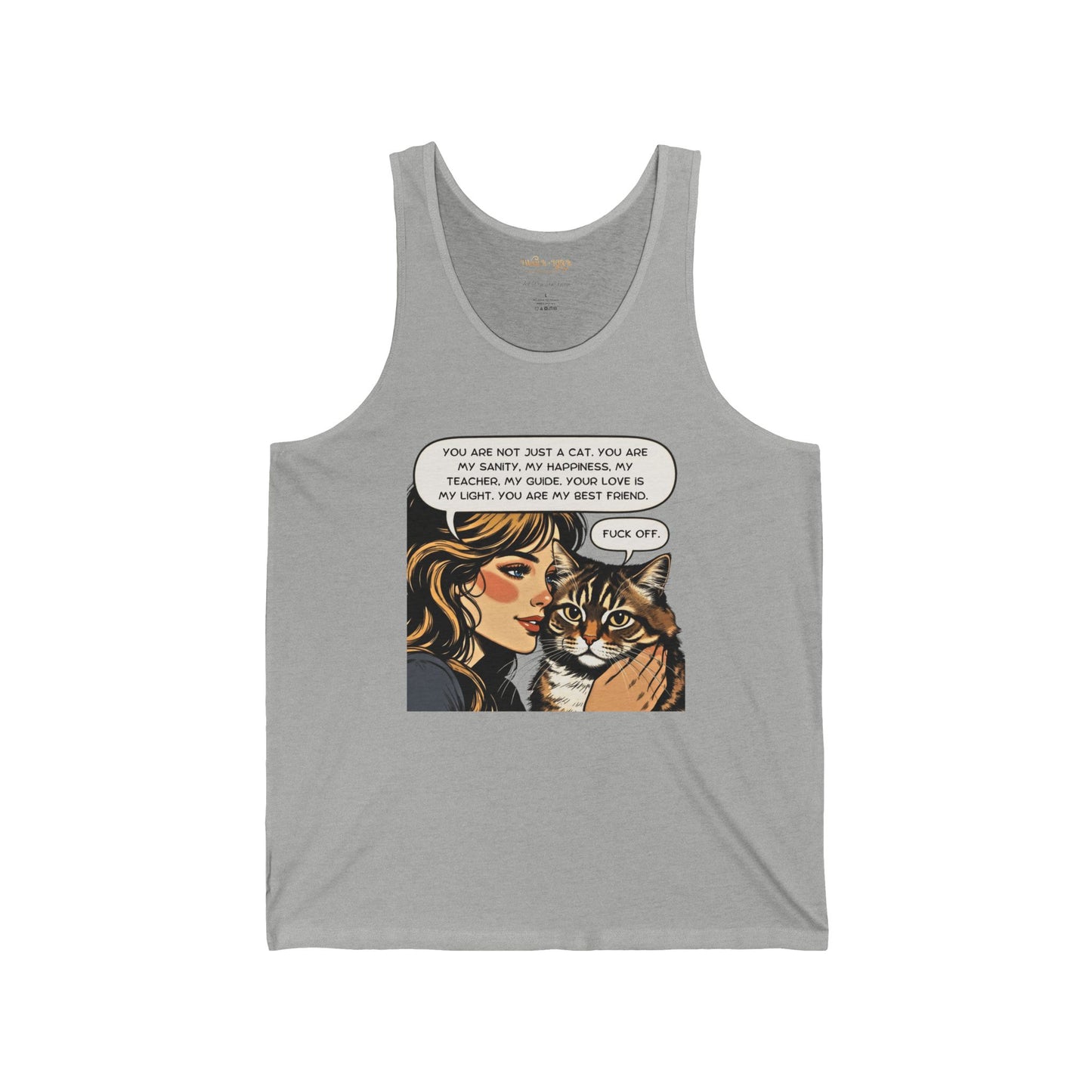 Gray tank top with a graphic of a woman holding a cat and text on a white background