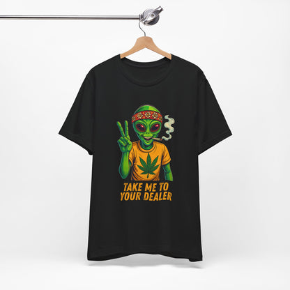 Black 420 stoner t-shirt with alien graphic and text 'Take me to your dealer' on a hanger against a white background