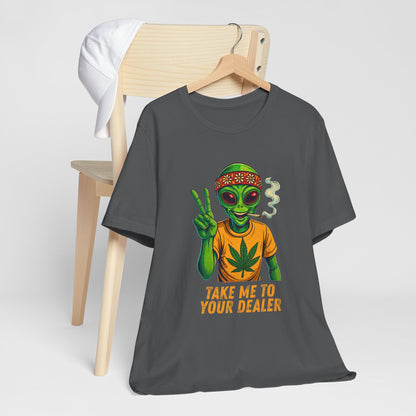 Gray 420 stoner t-shirt with peace loving alien graphic and text 'Take me to your dealer' on a white background