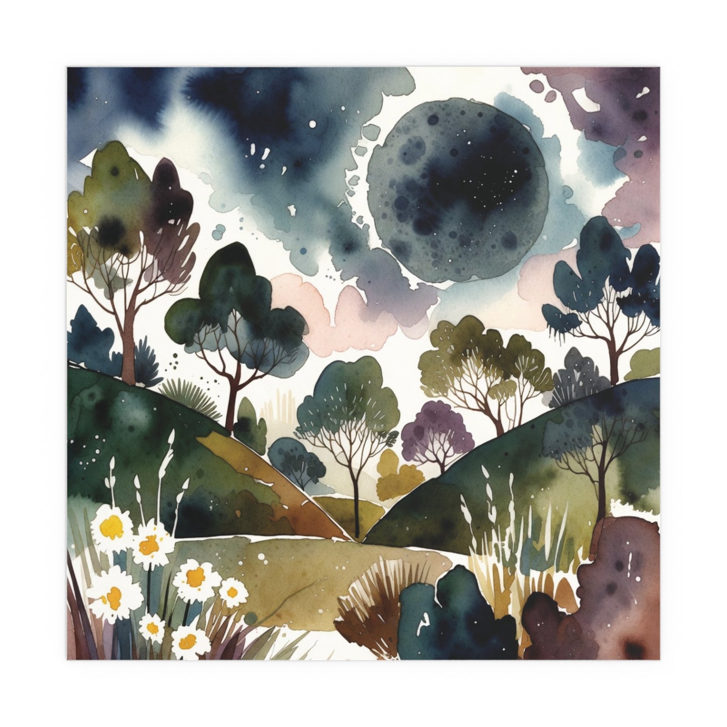 Dreamy Moonlit Hills Watercolour Print