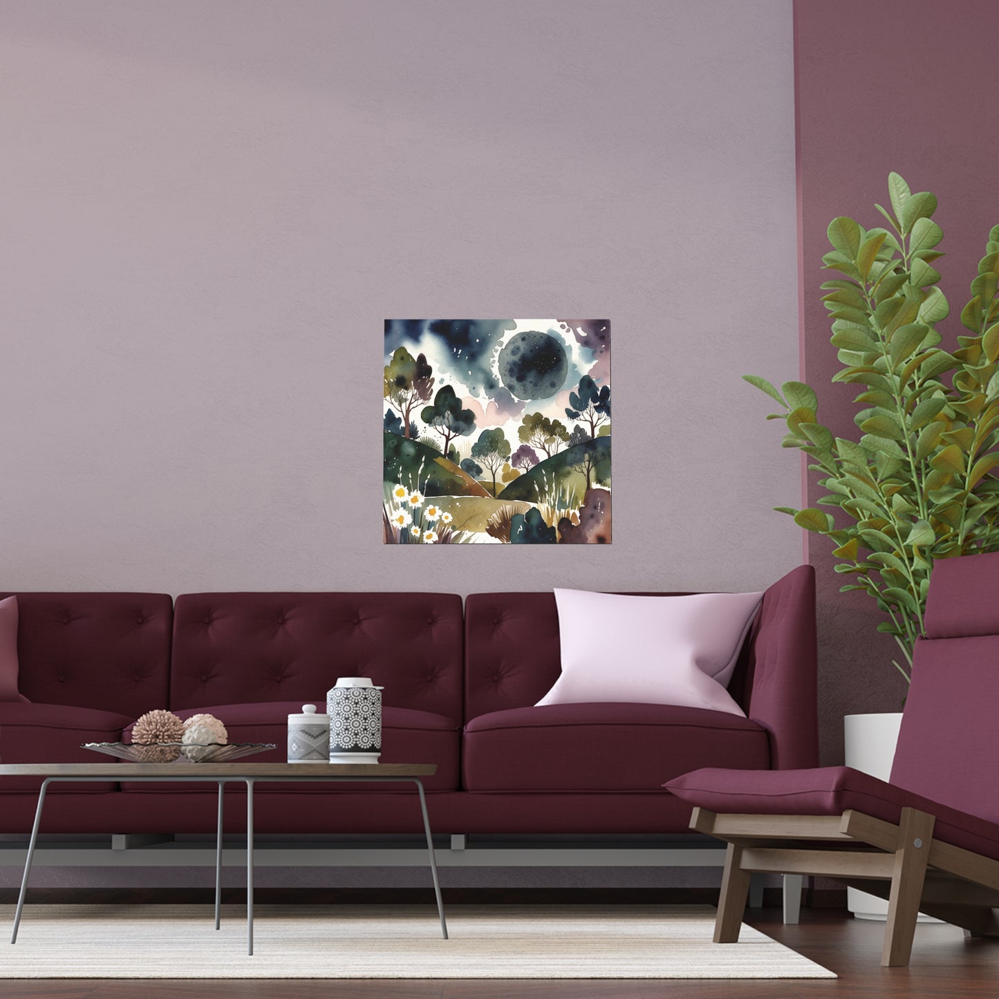 Dreamy Moonlit Hills Watercolour Print