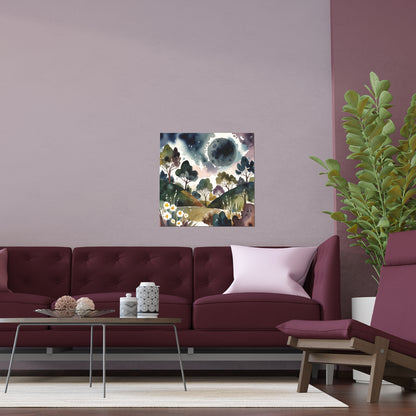 Dreamy Moonlit Hills Watercolour Print