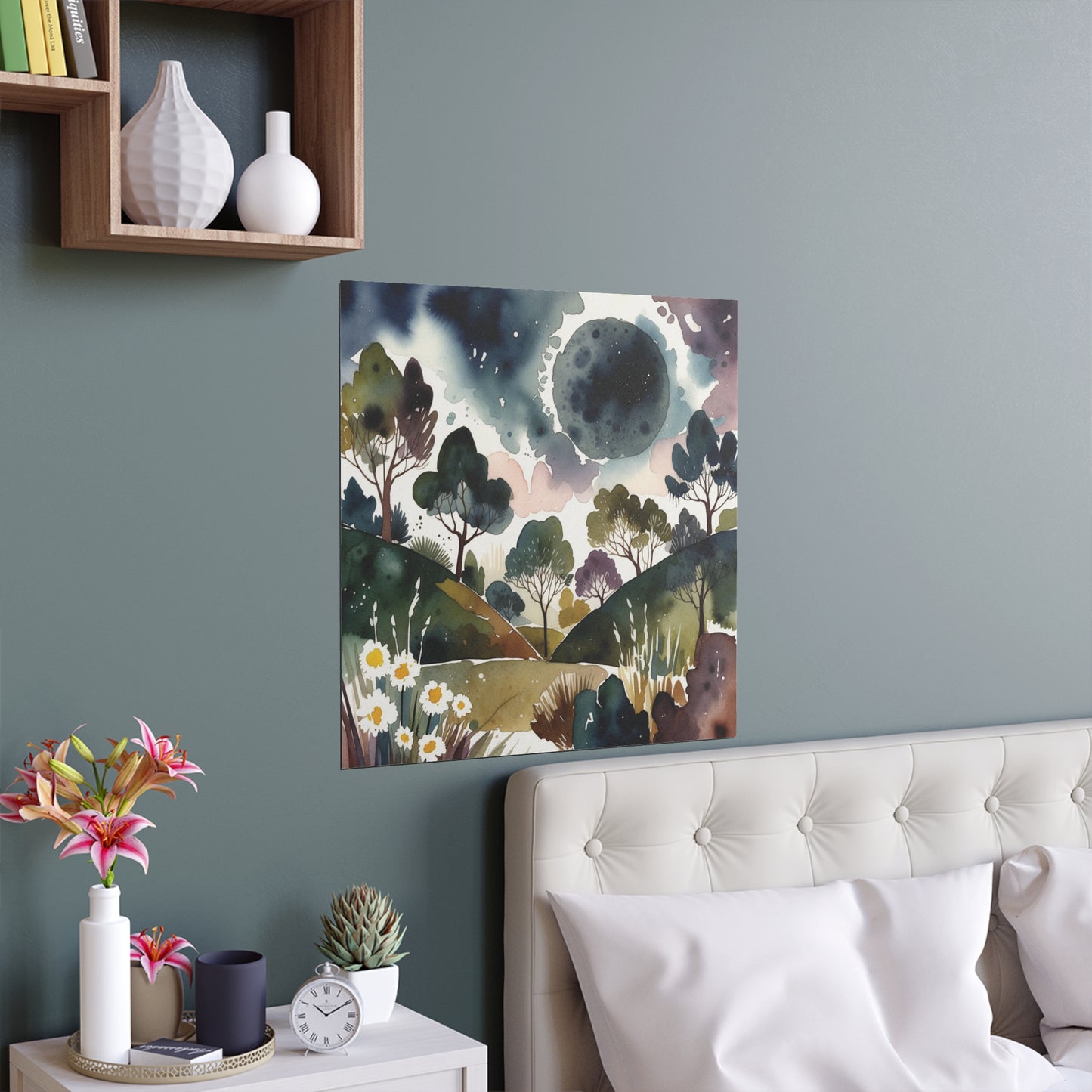 Dreamy Moonlit Hills Watercolour Print