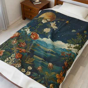 Celestial Garden Plush Blanket – Vintage Floral Space Throw