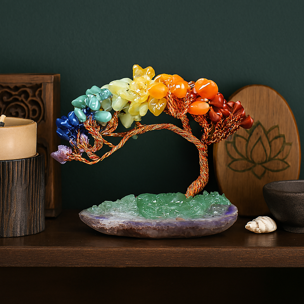 Colourful chakra crystal tree with 7 gemstones and an agate base. Home decor figurine perfect as a spiritual energy gift.