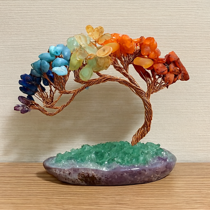 Crystal Chakra Bonsai Tree Energy Healing Figurine on Wooden Table with Agate Base
