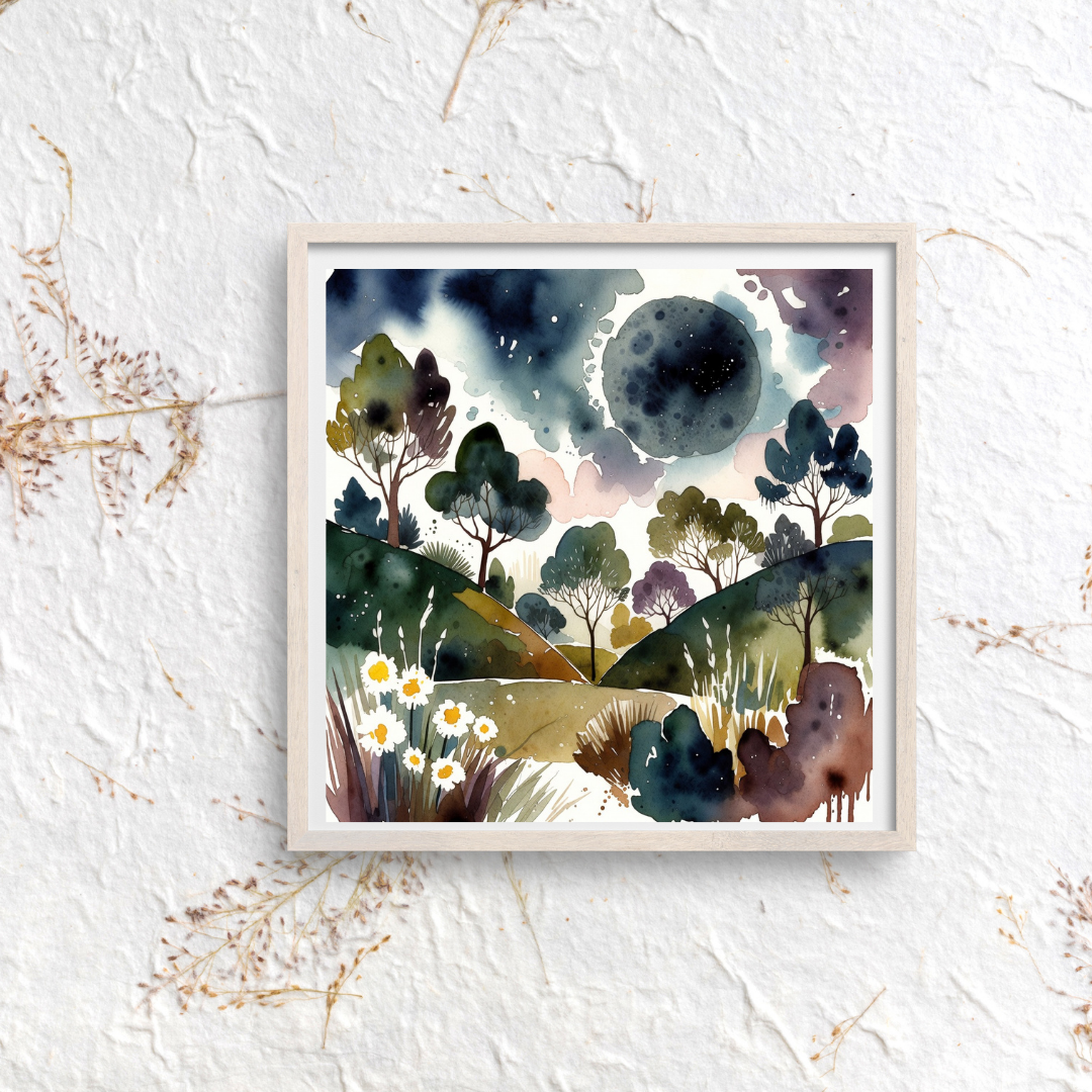 Dreamy Moonlit Hills Watercolour Print