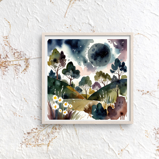 Dreamy Moonlit Hills Watercolour Print