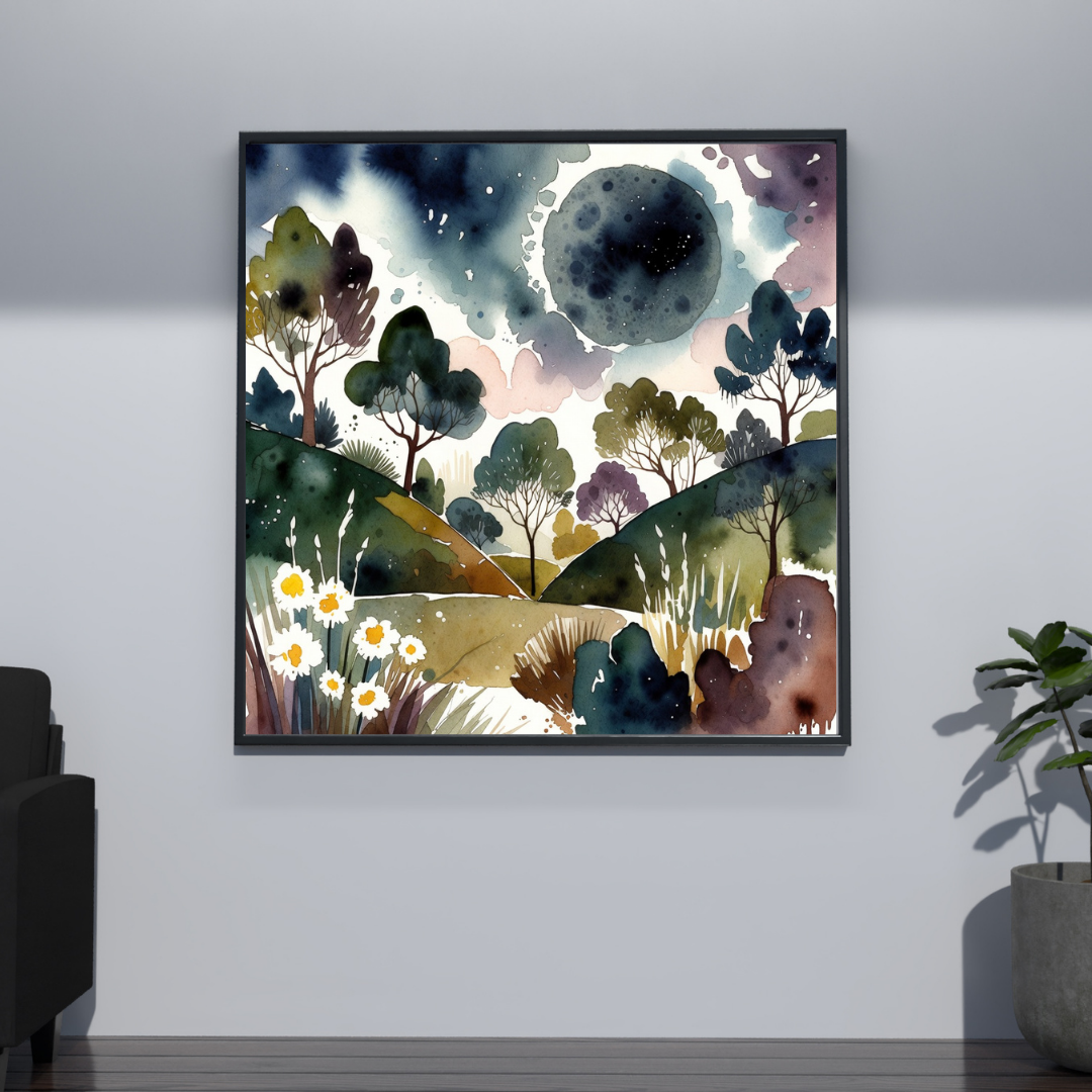 Dreamy Moonlit Hills Watercolour Print
