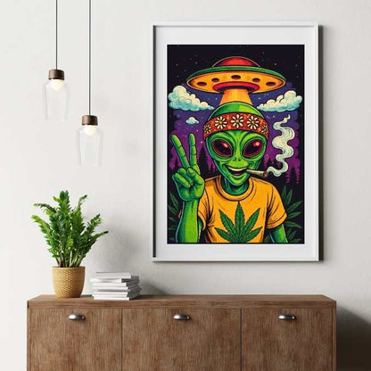 This psychedelic cartoon illustration showcases a green alien with red eyes, a flower-power bandana, and a cannabis leaf tee, flashing a peace sign while his UFO hovers in the cosmic distance.
