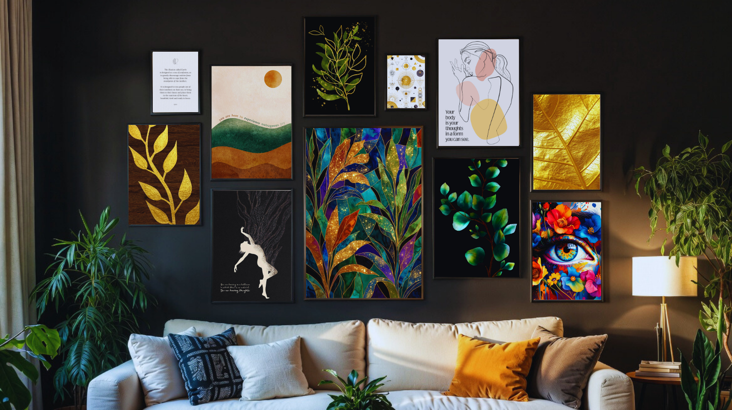 Wall with various colorful artworks in a living room setting