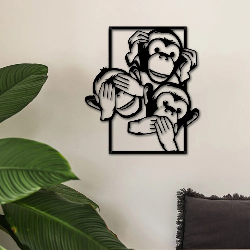 3 Wise Monkeys Metal Wall Art - See, Hear, Speak No Evil