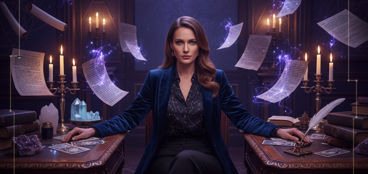 an esoteric/metaphysical/occult themed banner related to Policy Pages for a store. Can be a fun concept, such as a hot girl looking serious 