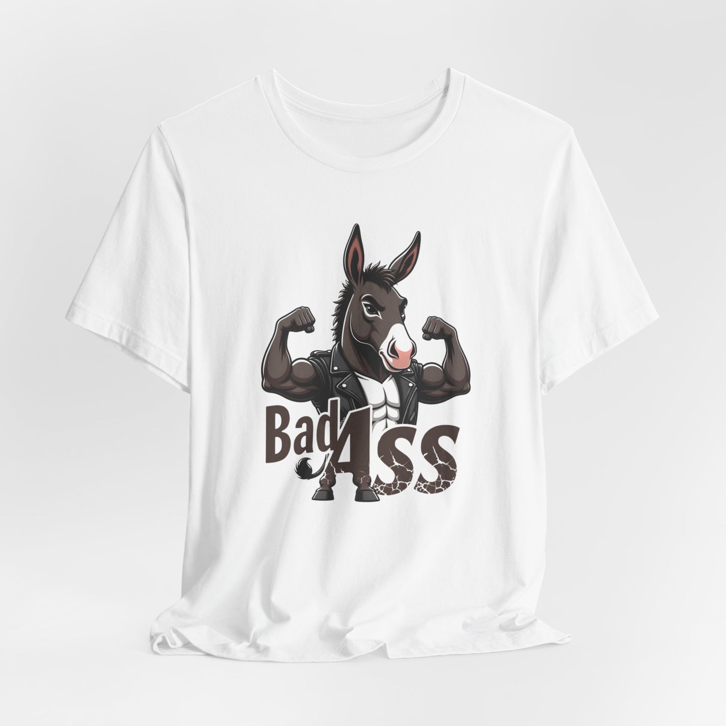 White unisex cotton T-Shirt with a funny donkey graphic and "Bad Ass" text on a white background