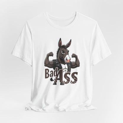 White unisex cotton T-Shirt with a funny donkey graphic and "Bad Ass" text on a white background