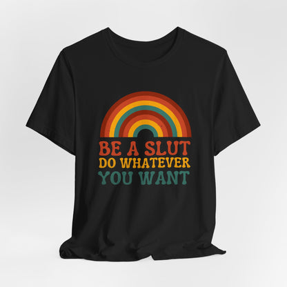 Black t-shirt with rainbow design and text on a white background