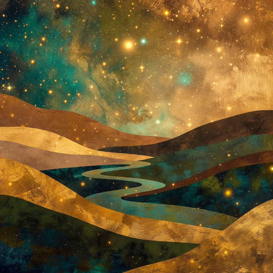 Gold Boho Celestial valley landscape with a starry sky