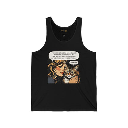 Black tank top with graphic of a woman and cat, featuring text, on a white background.