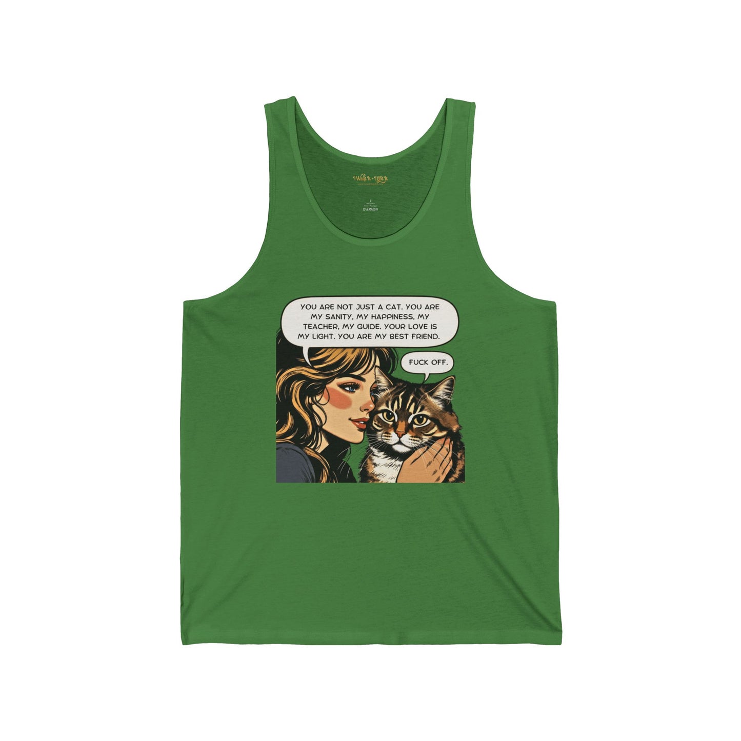 Green tank top with a graphic of a woman and cat on a white background