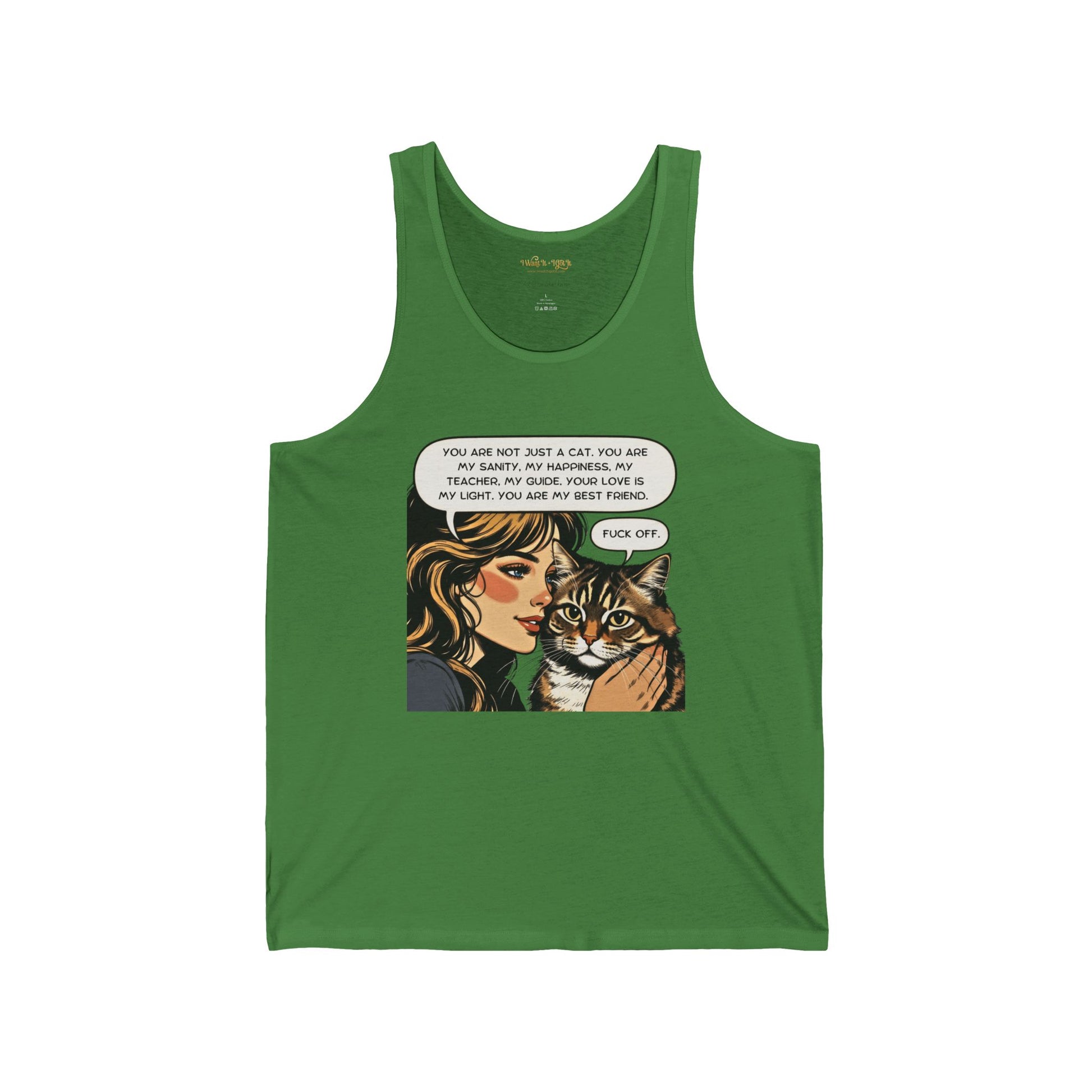 Green tank top with a graphic of a woman and cat on a white background