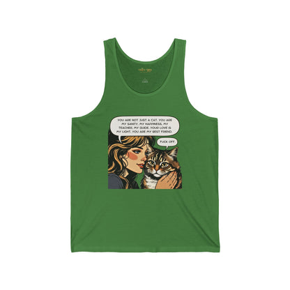 Green tank top with a graphic of a woman and cat on a white background