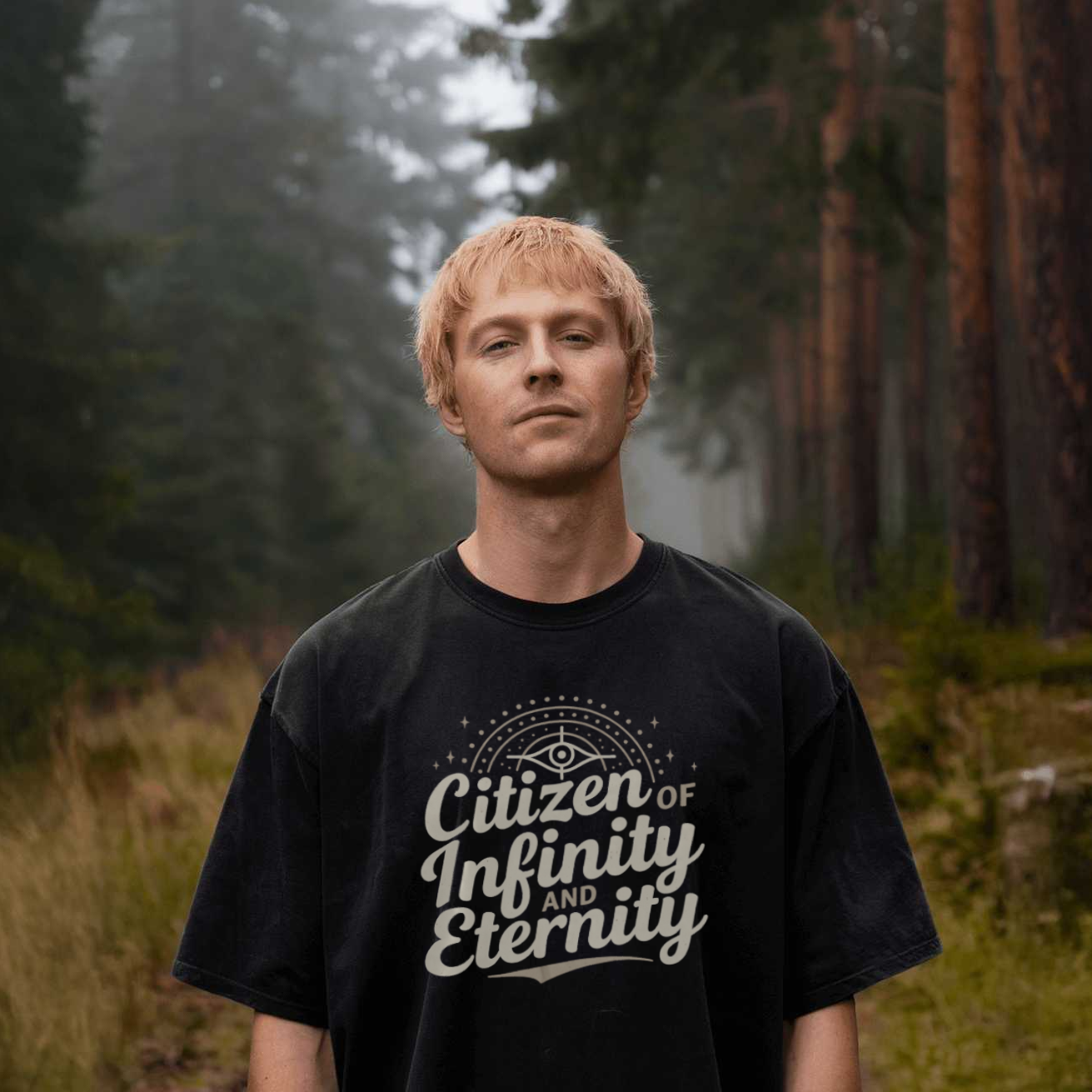 Person wearing a black t-shirt with text in a forest setting