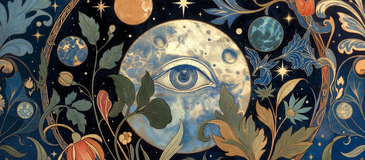 Decorative design with celestial elements, eye, and nature symbols on a dark background