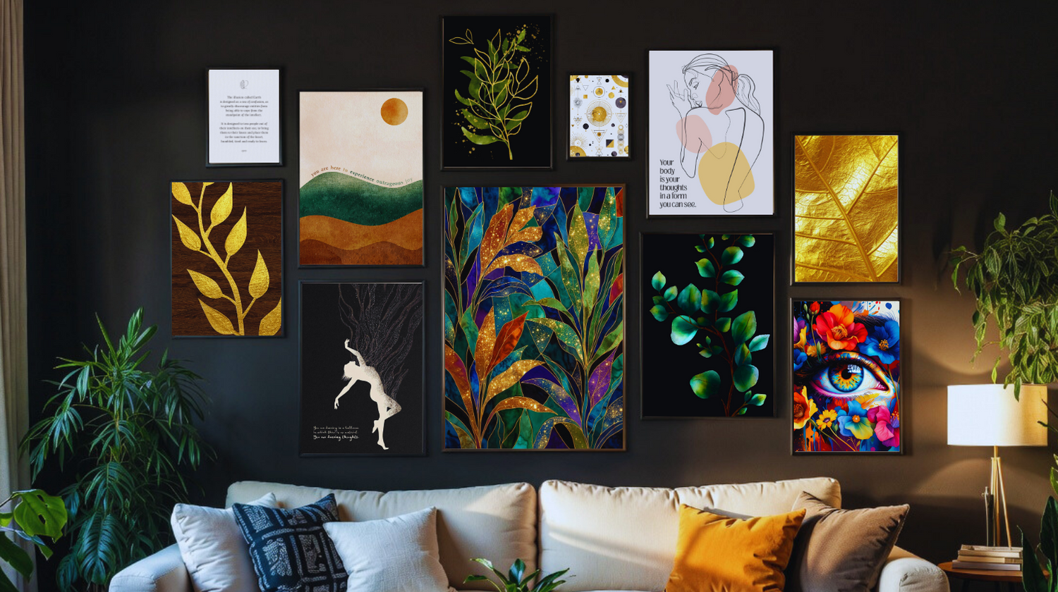 Wall with various colorful artworks in a living room setting