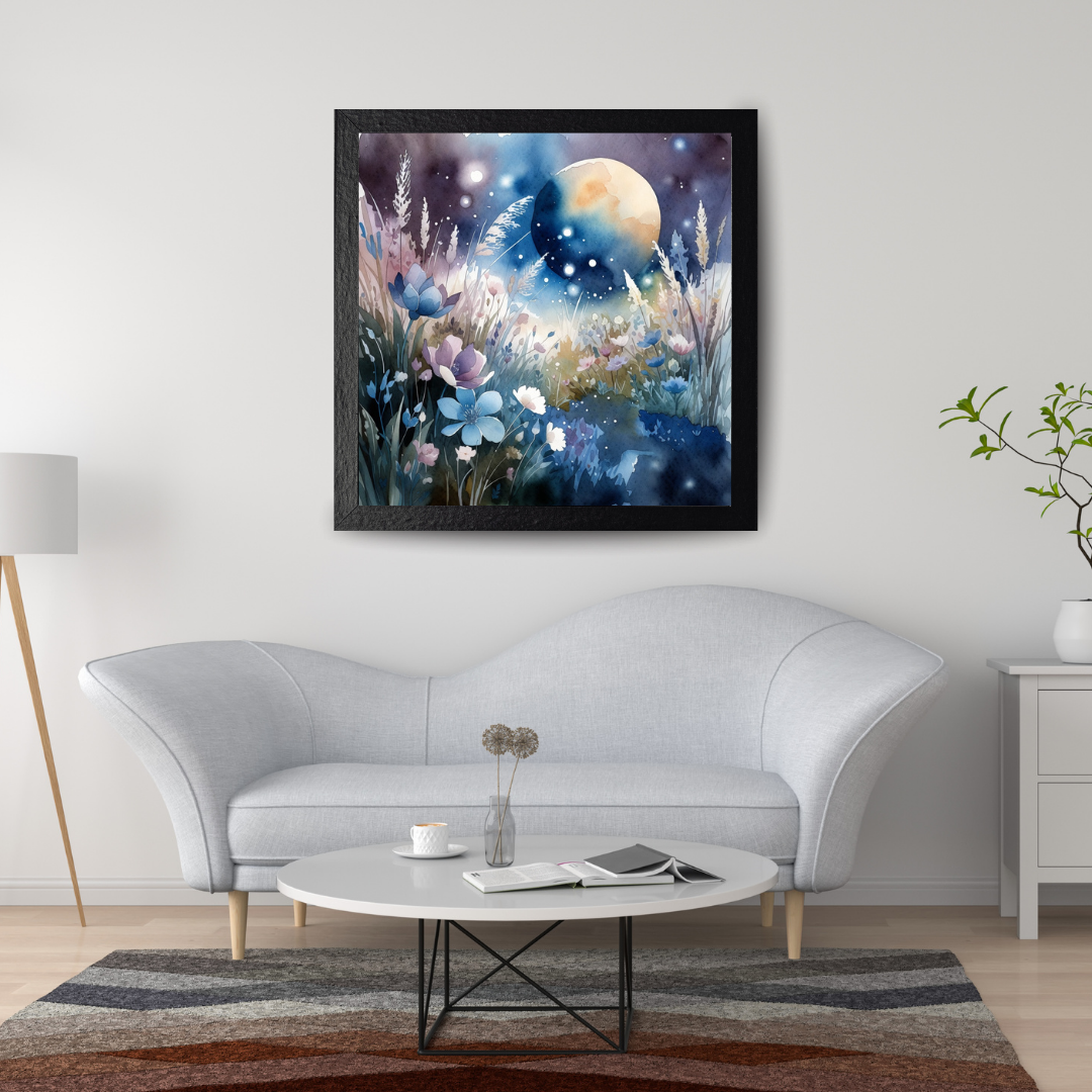 Framed watercolour art print of a celestial landscape with flowers blooming in a meadow and a surreal planet against a mystical night sky. 