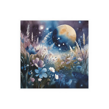 Framed artwork of a night sky with flowers and a moon