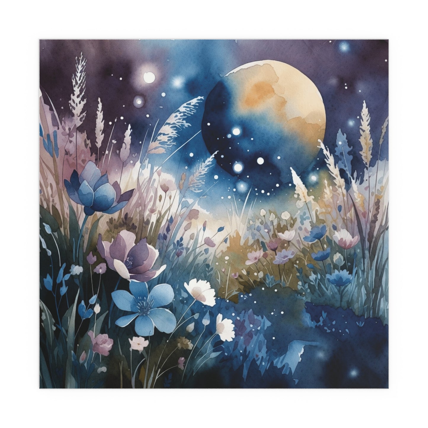 Framed watercolour art print of a celestial landscape with flowers blooming in a meadow and a surreal planet against a mystical night sky. 