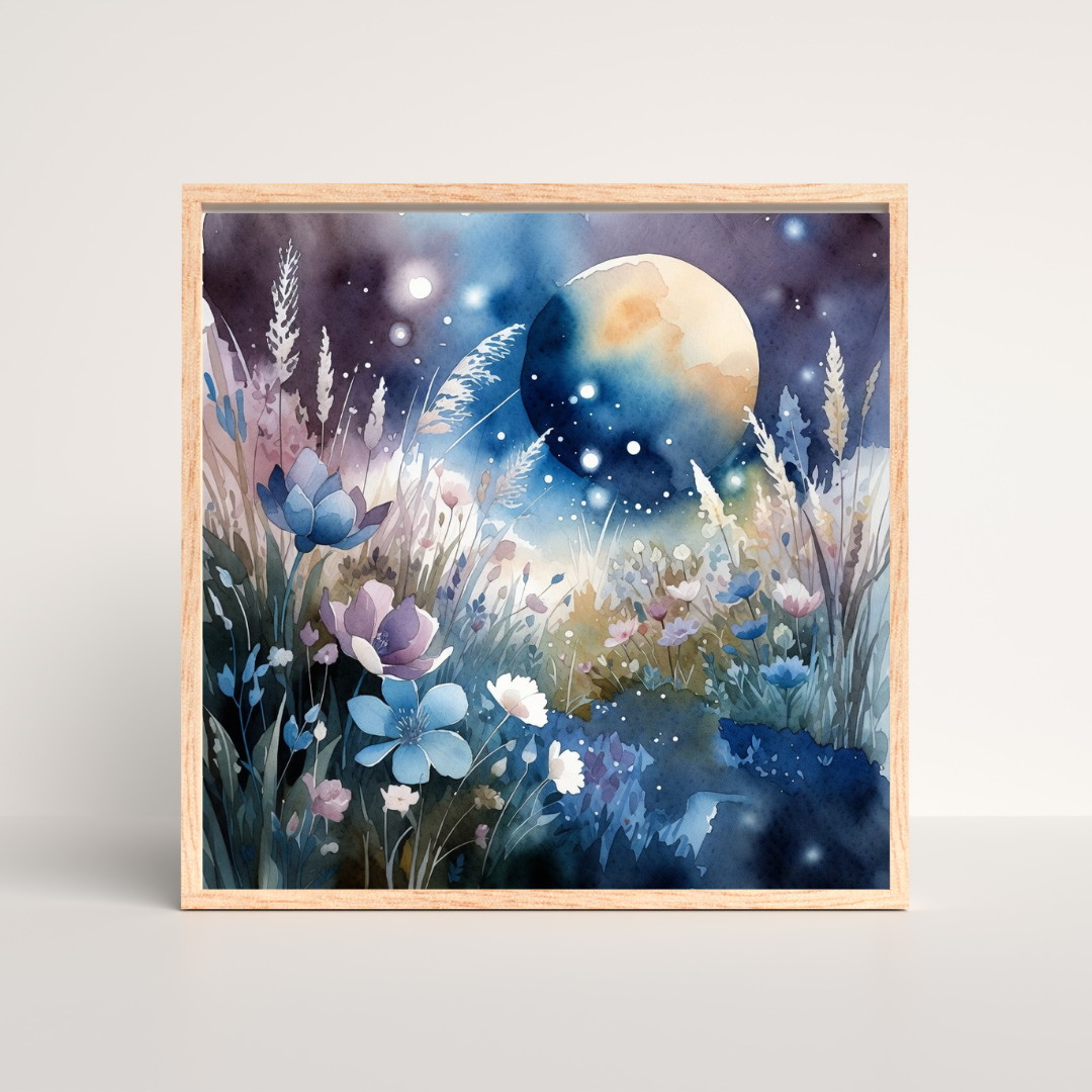 Framed watercolour art print of a celestial landscape with flowers blooming in a meadow and a surreal planet against a mystical night sky. 
