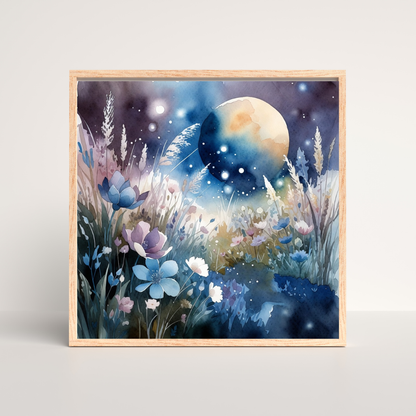 Framed watercolour art print of a celestial landscape with flowers blooming in a meadow and a surreal planet against a mystical night sky. 