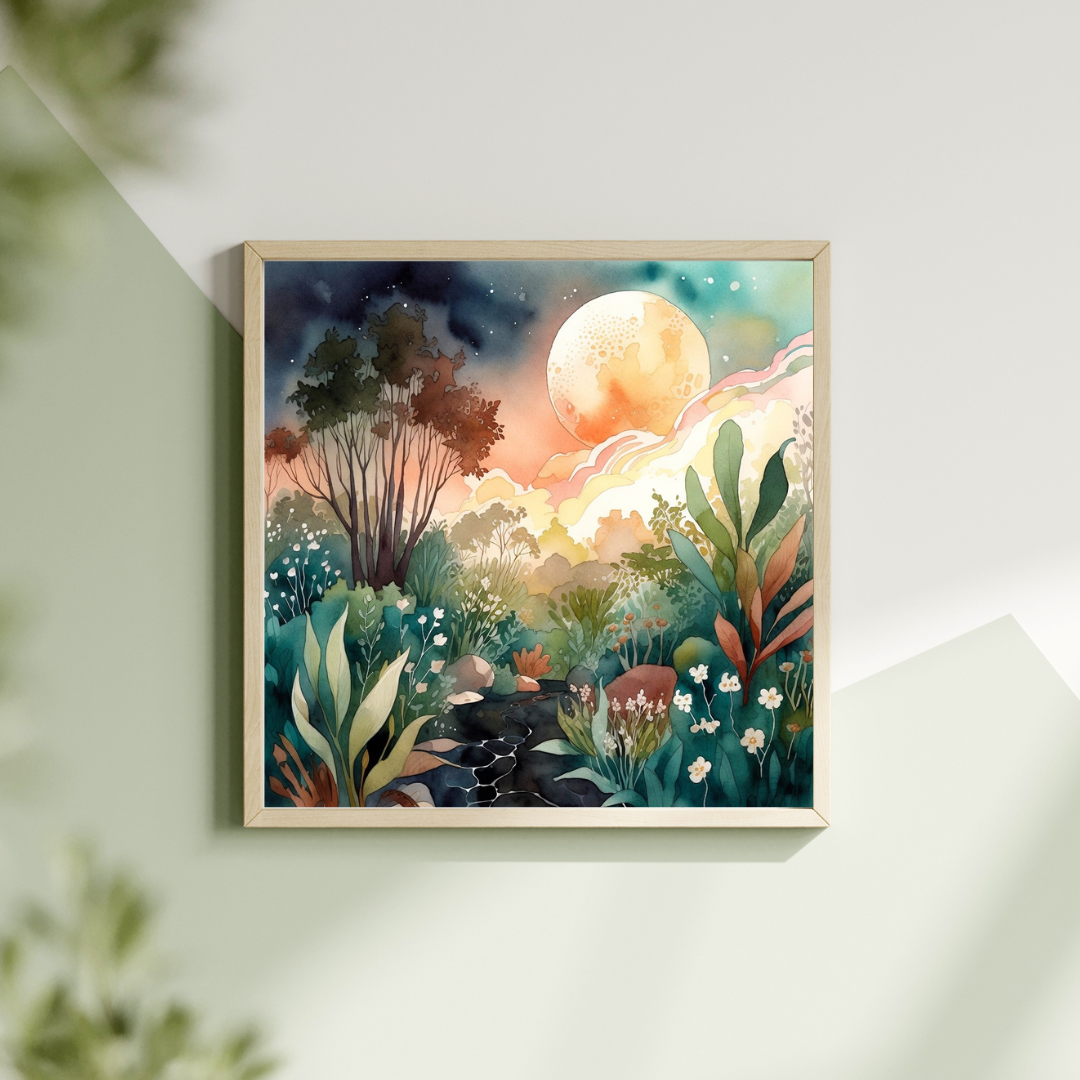 Framed artwork of a celestial watercolour nature scene with a magical large moon, mystrical trees, and plants on a light green wall.