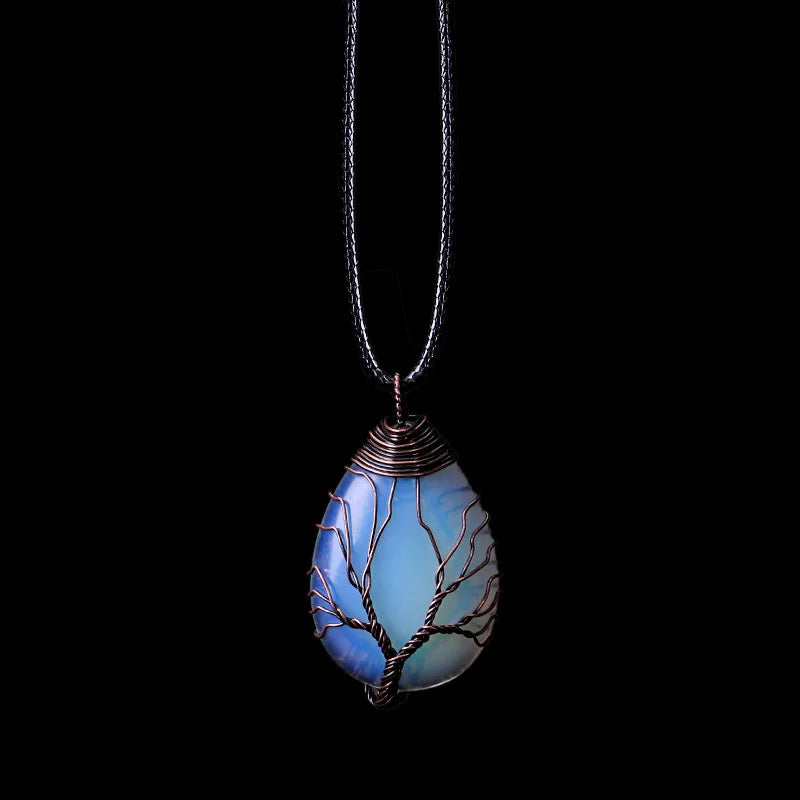 Blue opal gemstone pendant with tree of life copper wire design necklace
