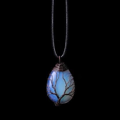 Blue opal gemstone pendant with tree of life copper wire design necklace