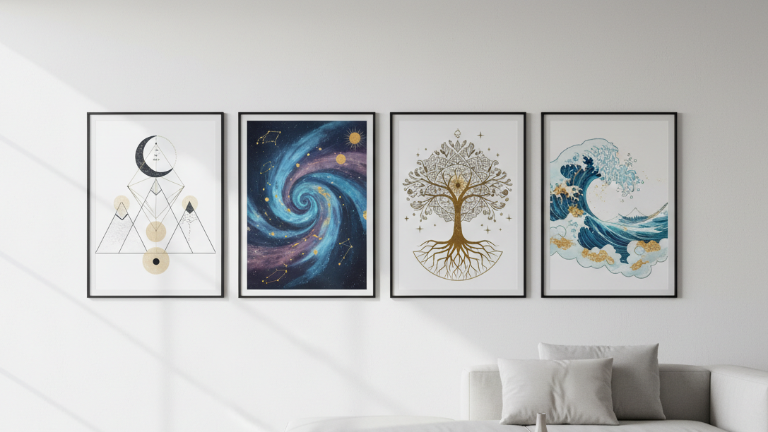 several poster prints hung up side by side on a living room wall