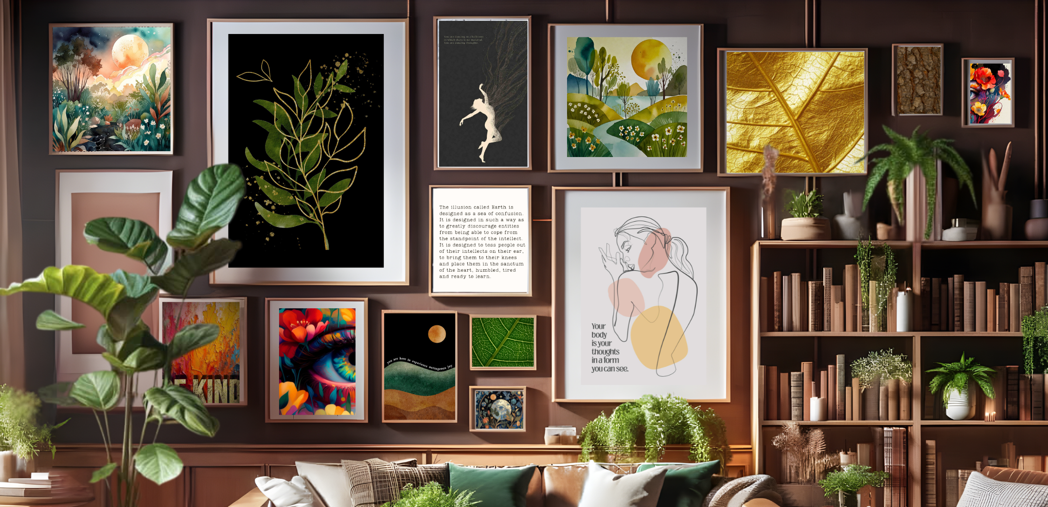 Living room with wall art, plants, and a bookshelf