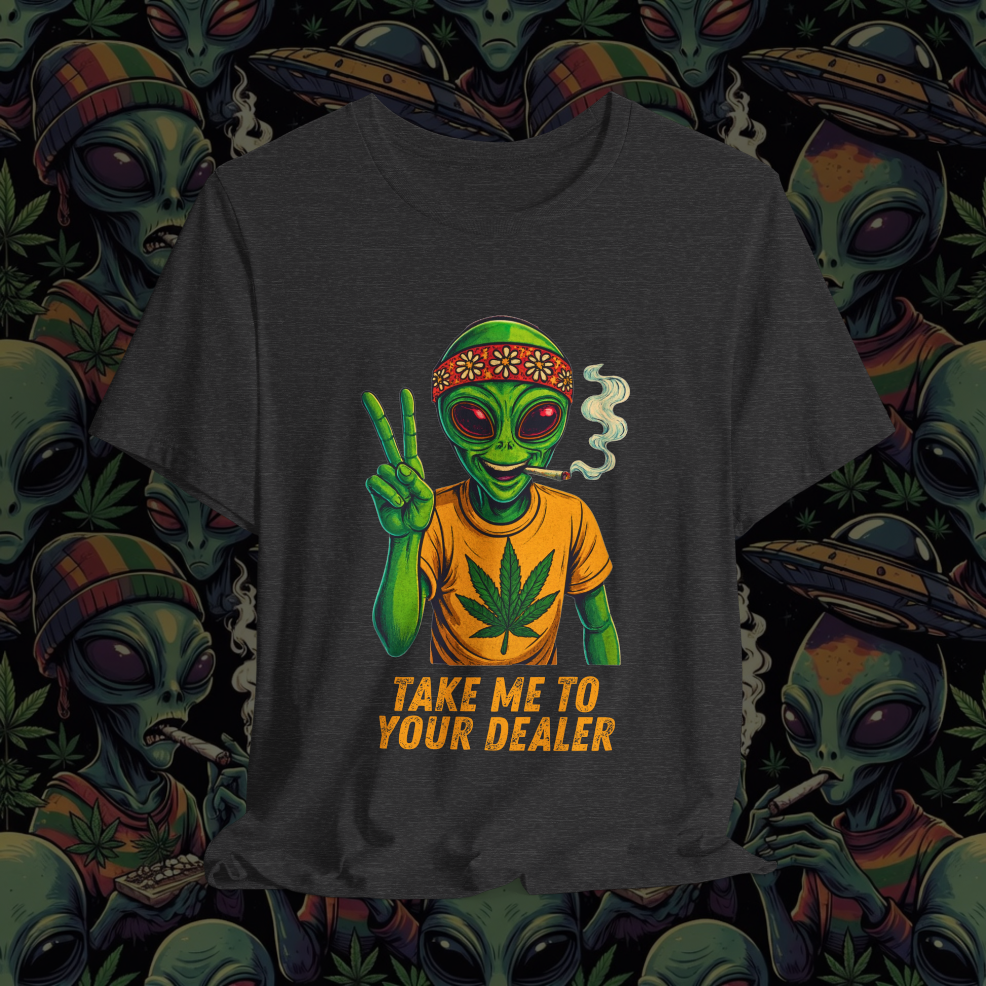 T-shirt with alien design and text 'Take me to your dealer' on a patterned background