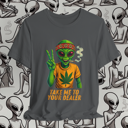 Gray t-shirt with alien graphic and 'Take Me to Your Dealer' text on a background with alien illustrations.
