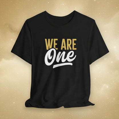 Black t-shirt with 'WE ARE One' text on a patterned background